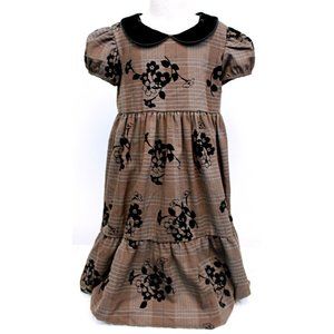 Laura Ashley London Girls Dress Brown Plaid Black Velvet Collar & Flowers Sz 6